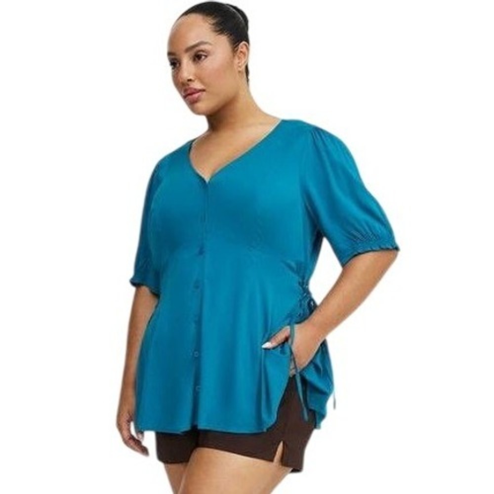 Torrid Plus Size 1X Top Teal Blue Challis Side Lace Up Solid Witchy Romantic 905